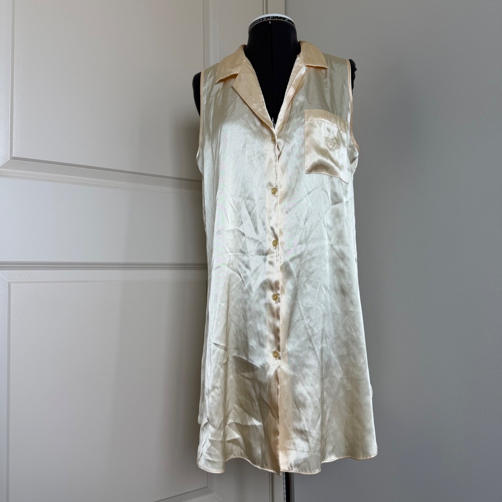 Vintage 90s Satin Button-Front Sleeveless Butter Yellow Shirt Dress Size Large